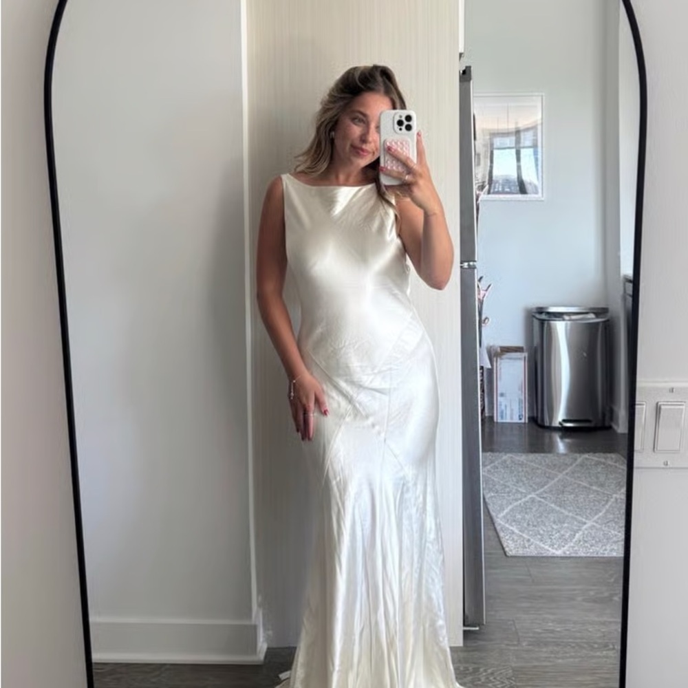 Reformation Ivory Satin Boatneck Maxi Dress